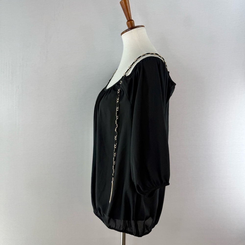 INC Black Off Shoulder Blouse with Gold Metallic Chain Embellishment - Picture 5 of 13